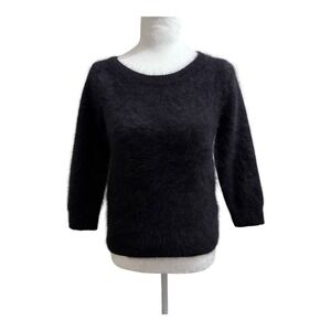 Club Monaco Angora Sweater Extra Small Black Fuzzy Crew Neck Luxury Pullover